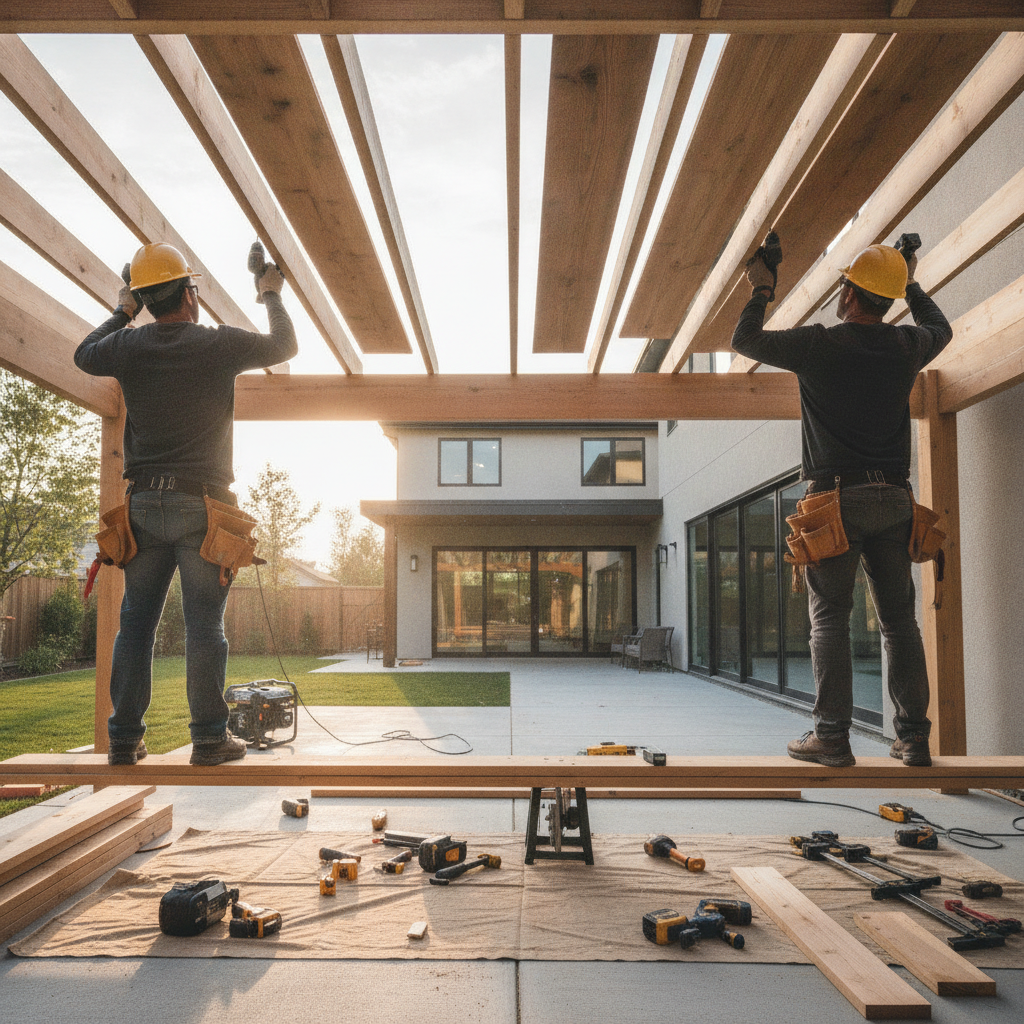 Create a realistic, professional service-business photograph showing Patio wood roof Construction from behind, with the backs of their heads visible. Do not show any faces, facial features, front-facing views or side views, profiles, or ide