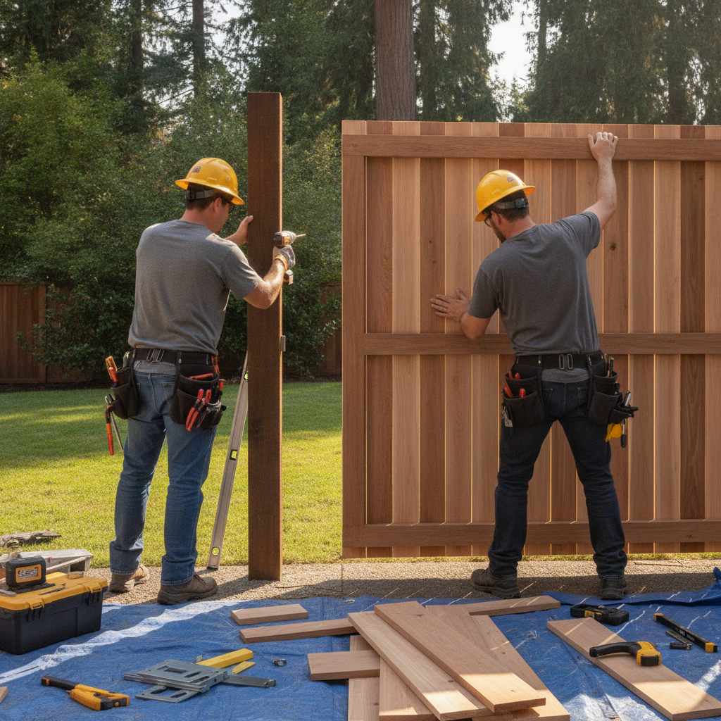 Create a realistic, professional service-business photograph showing wood Gate Installation from behind, with the backs of their heads visible. Do not show any faces, facial features, front-facing views or side views, profiles, or identifia