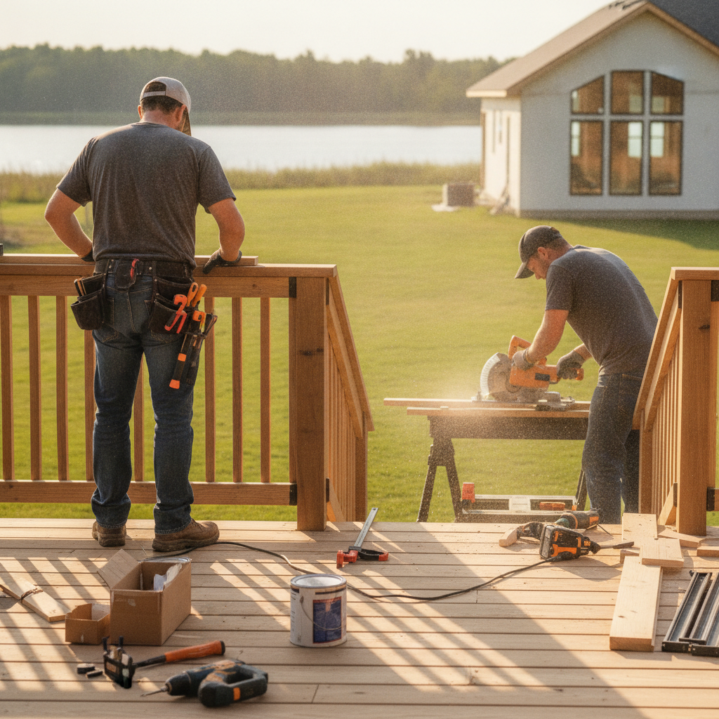 Create a realistic, professional service-business photograph showing wood Deck Railing from behind, with the backs of their heads visible. Do not show any faces, facial features, front-facing views or side views, profiles, or identifiable p